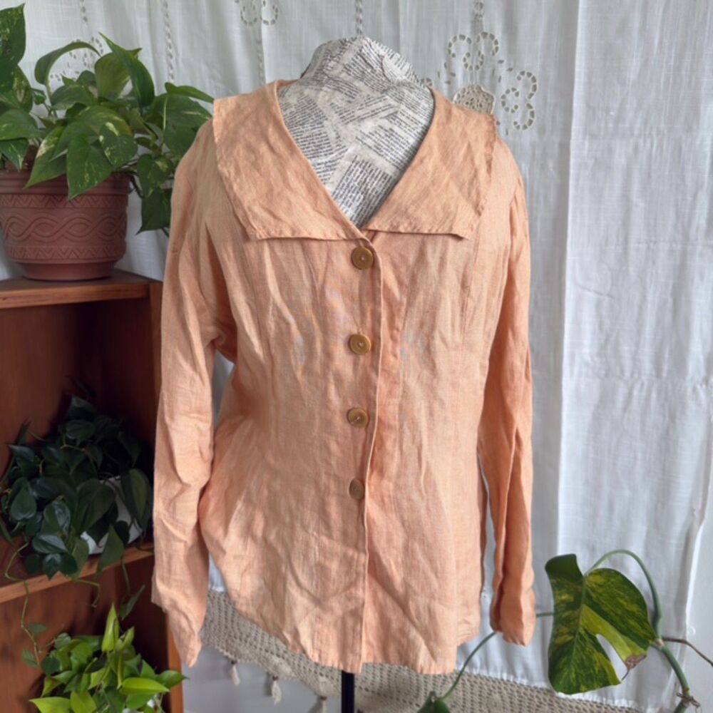 Flax peach linen button front blouse cottagecore coastal long sleeve top
